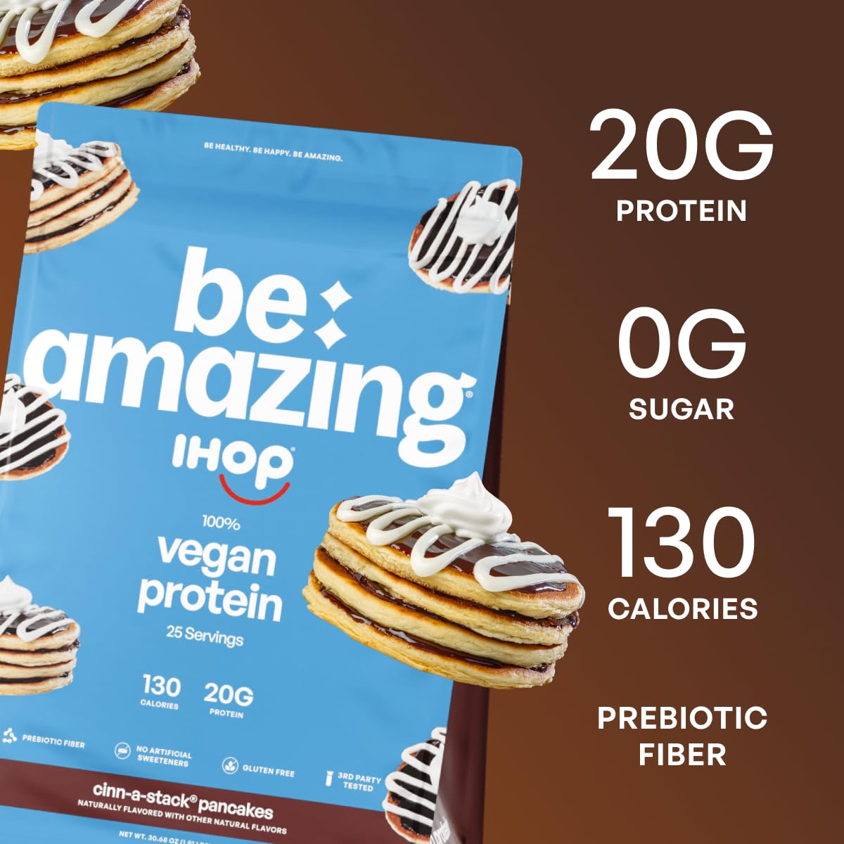 BE AMAZING vegan protein powder being poured for a smooth, lump-free shake.