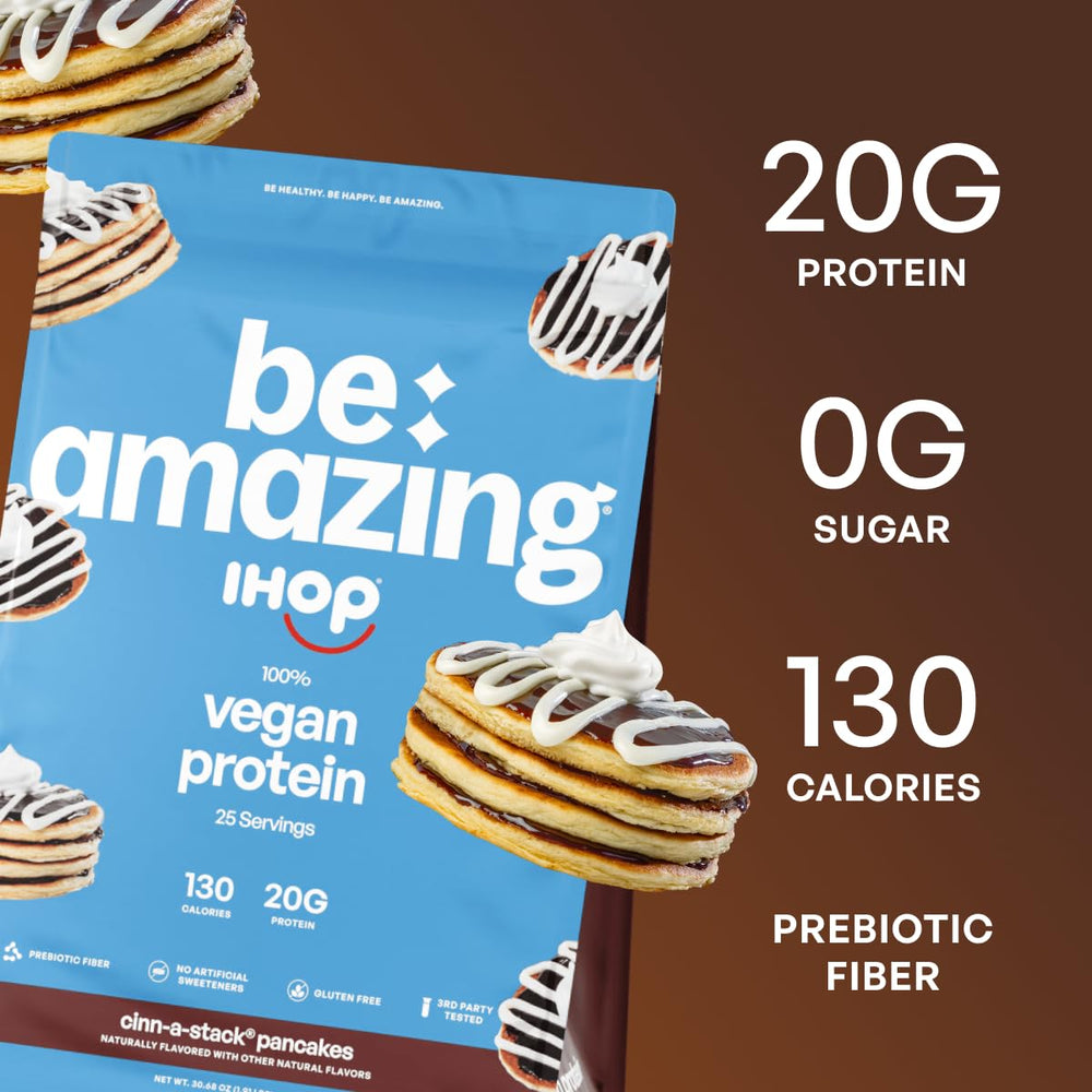 BE AMAZING vegan protein powder being poured for a smooth, lump-free shake.