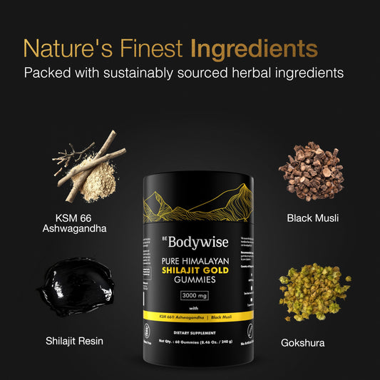 Be Bodywise Shilajit Gummies Gold close-up showing gummies and natural energy boost.
