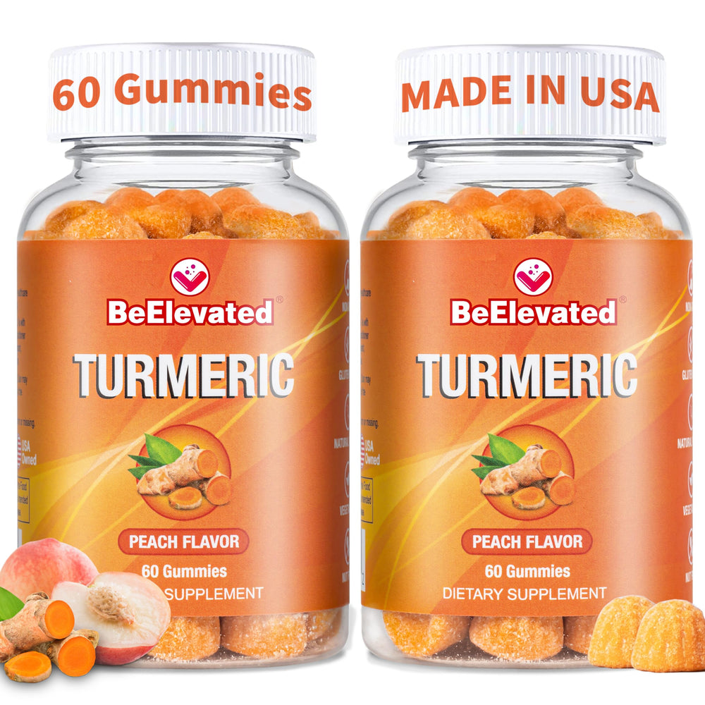 BeElevated Curcumin Turmeric Gummies bottle front with peach flavor for daily wellness.