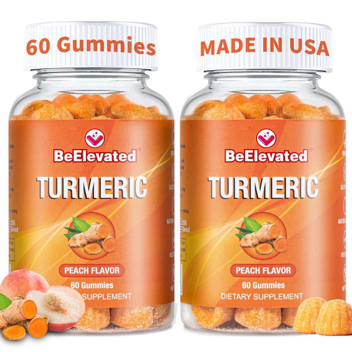 BeElevated Curcumin Turmeric Gummies bottle front with peach flavor for daily wellness.