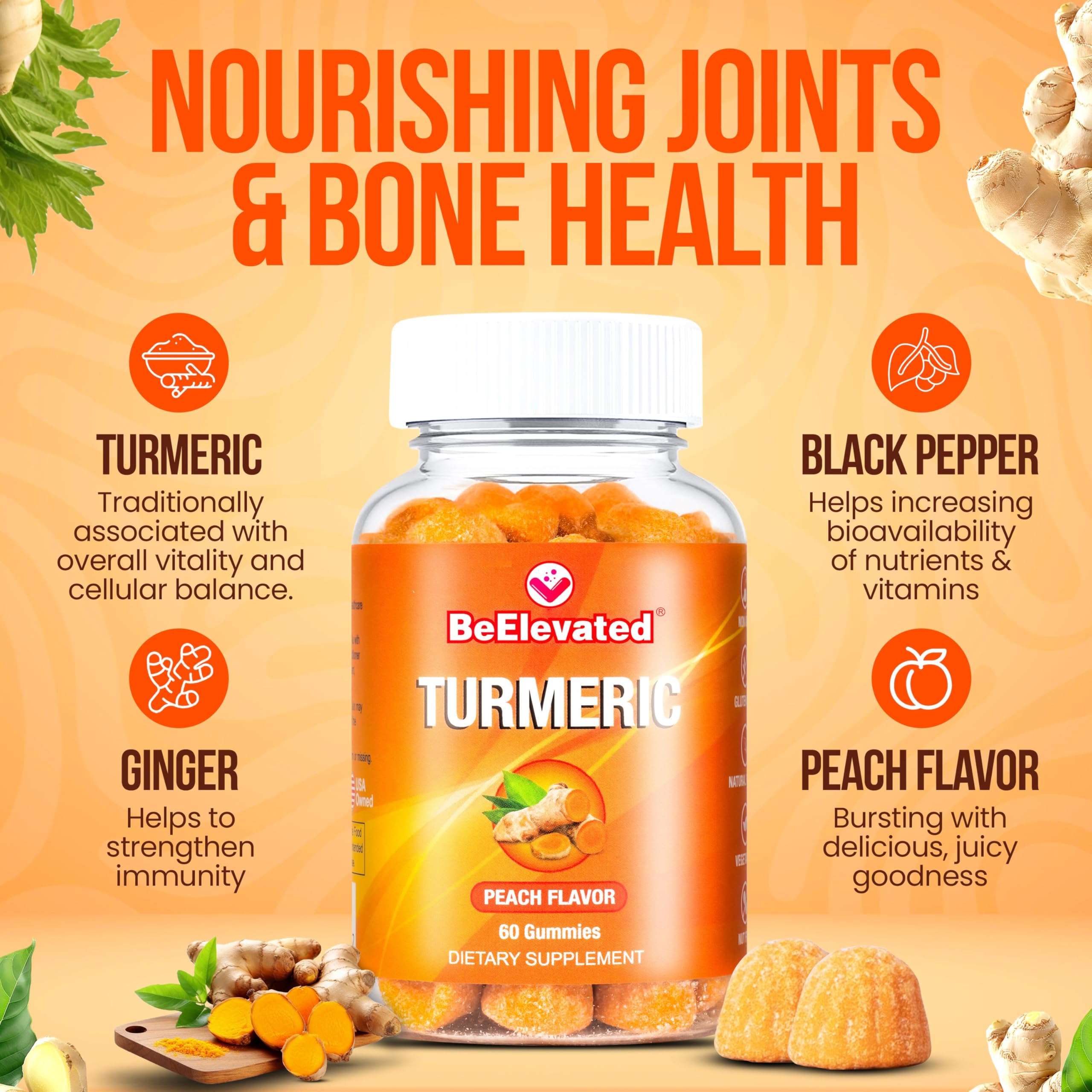 BeElevated Curcumin Turmeric Gummies closeup highlighting 2000mg turmeric with ginger.