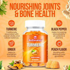BeElevated Curcumin Turmeric Gummies closeup highlighting 2000mg turmeric with ginger.
