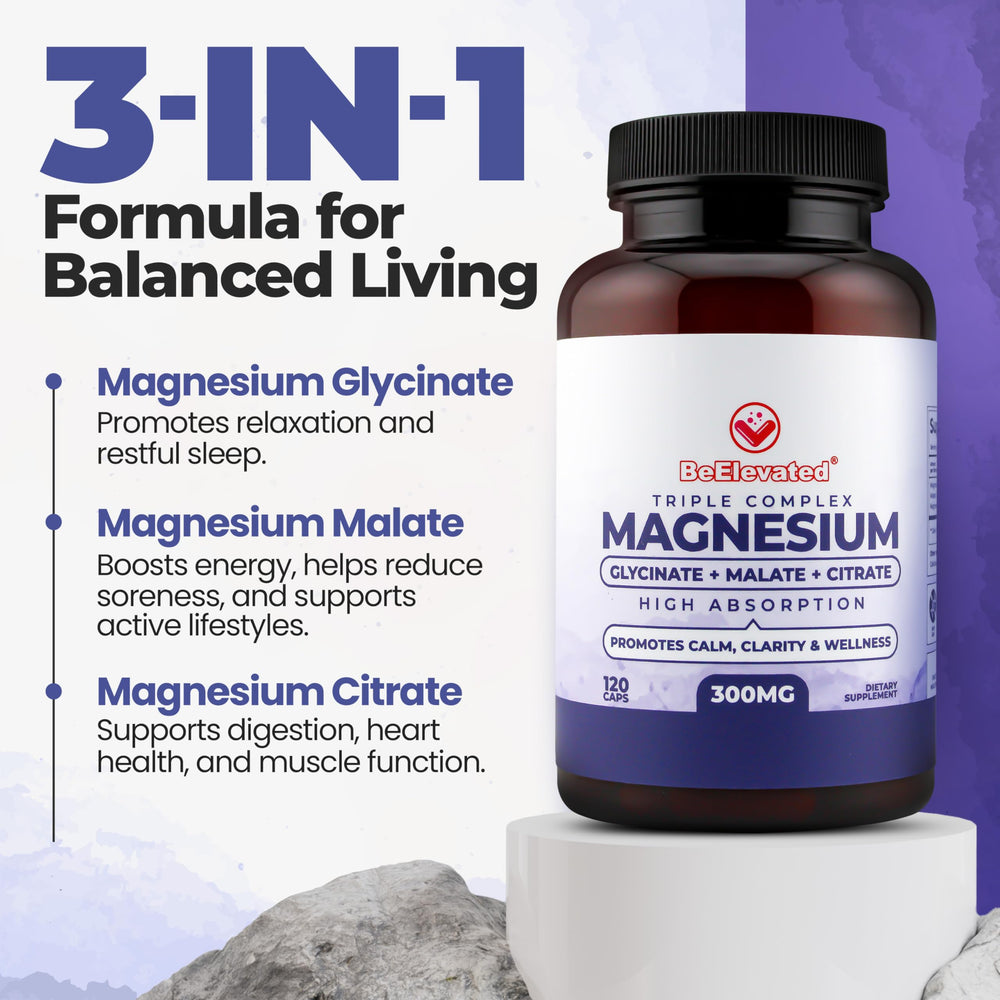 BeElevated Triple Magnesium capsules close-up ready for relaxation support.