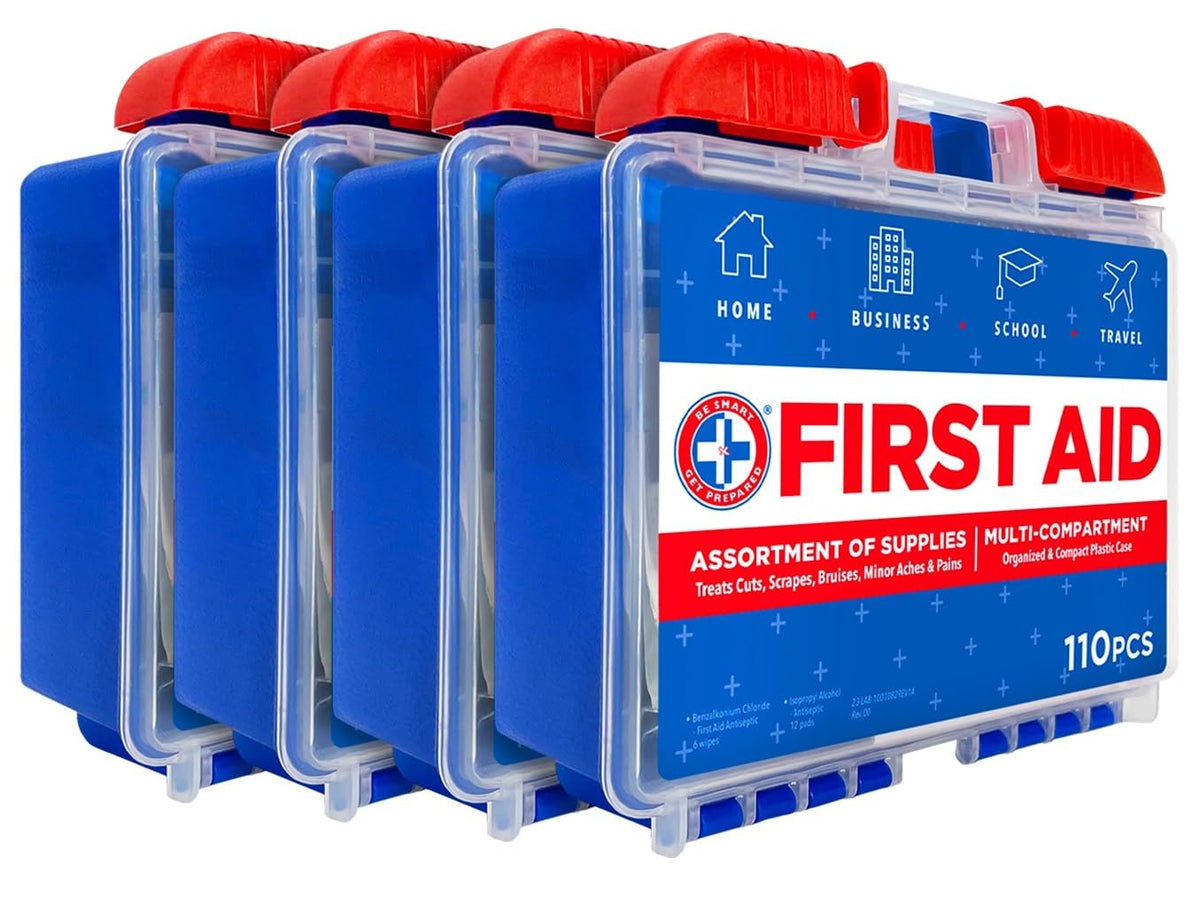 Be Smart Get Prepared 110 pc first aid kit front view for home and office readiness.