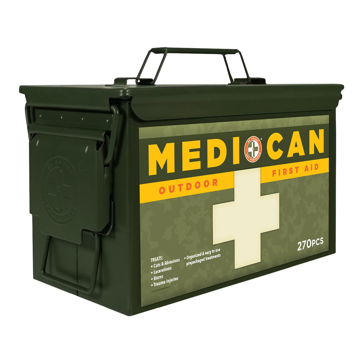 Be Smart Get Prepared Medi-Can front view with organized first aid essentials.