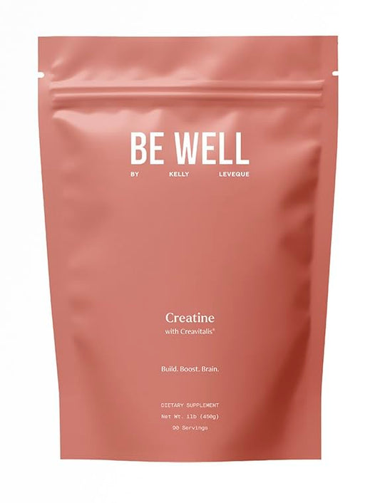 Be Well by Kelly LeVeque Creatine with Creavitalis bottle shows purity for daily mixing.