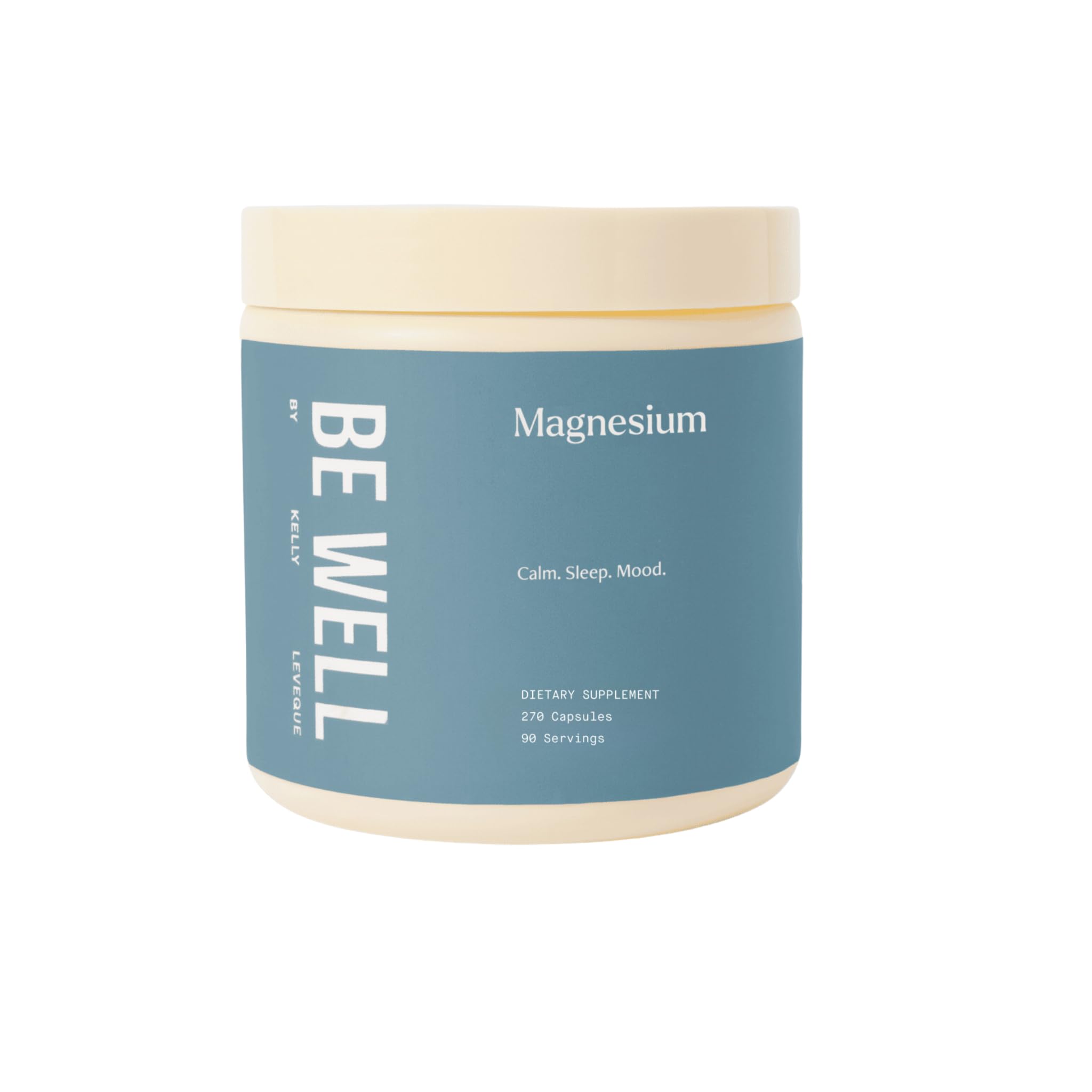 Be Well Magnesium bottle and capsules on a wooden surface for daily evening use.