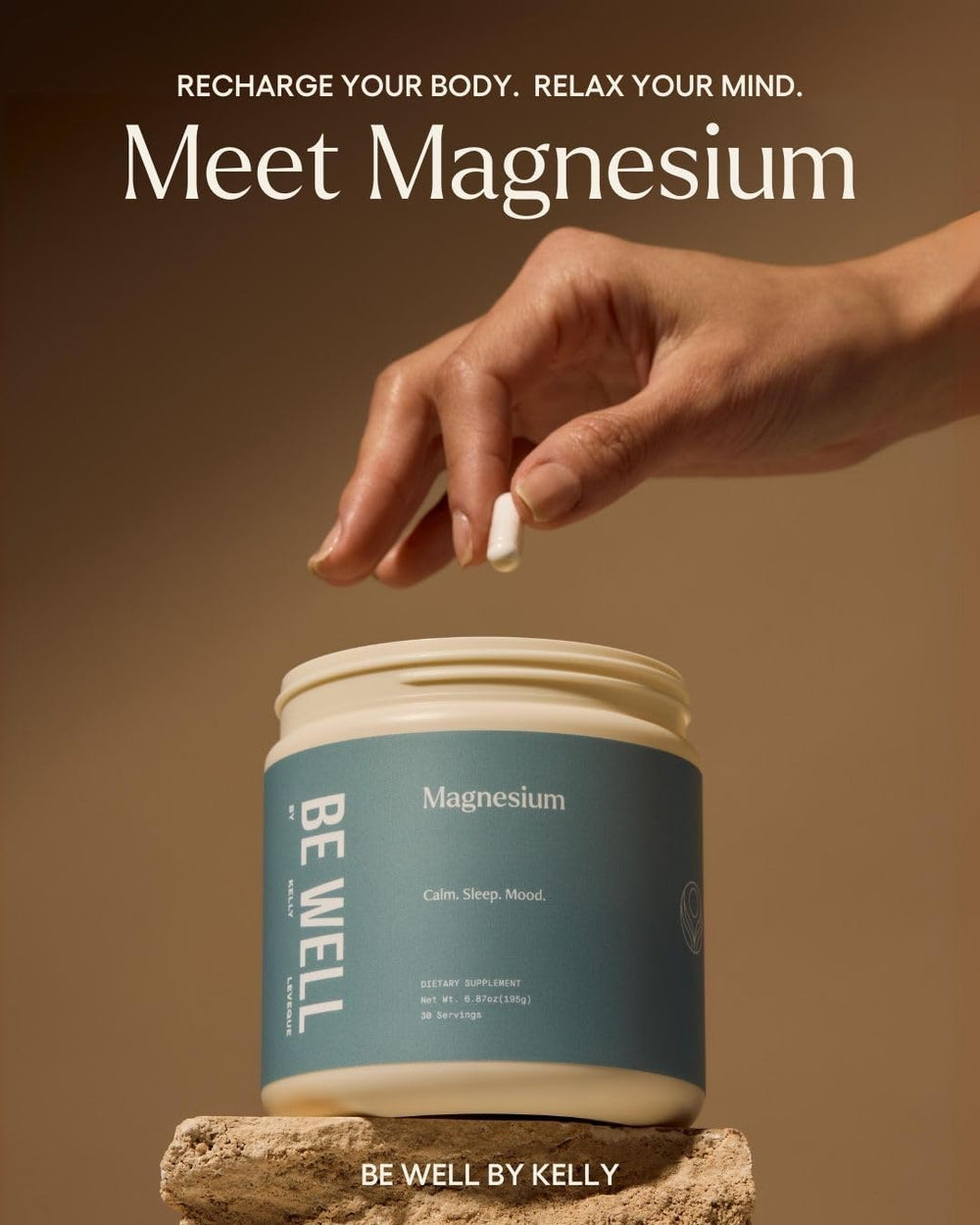 Be Well Magnesium bottle label close-up highlighting quality ingredients.