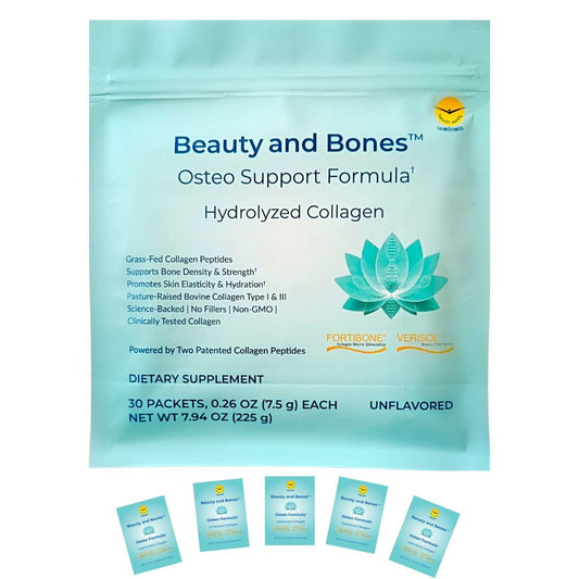 Beach Sandy Fortibone per-serving sachets dissolve easily for bone support.