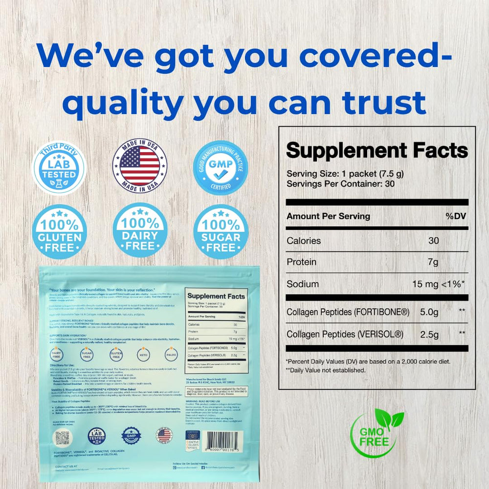 Beach Sandy unflavored collagen sachets blend into drinks with no added flavor.