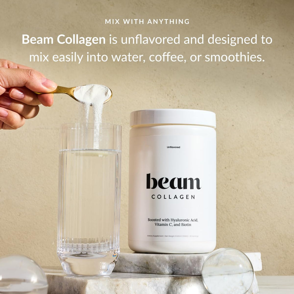 Beam Collagen with Biotin bottle and shiny hair closeup for stronger hair