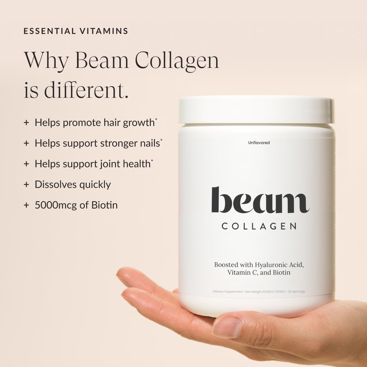 Beam Collagen with Hyaluronic Acid bottle on shelf highlighting hydration benefits