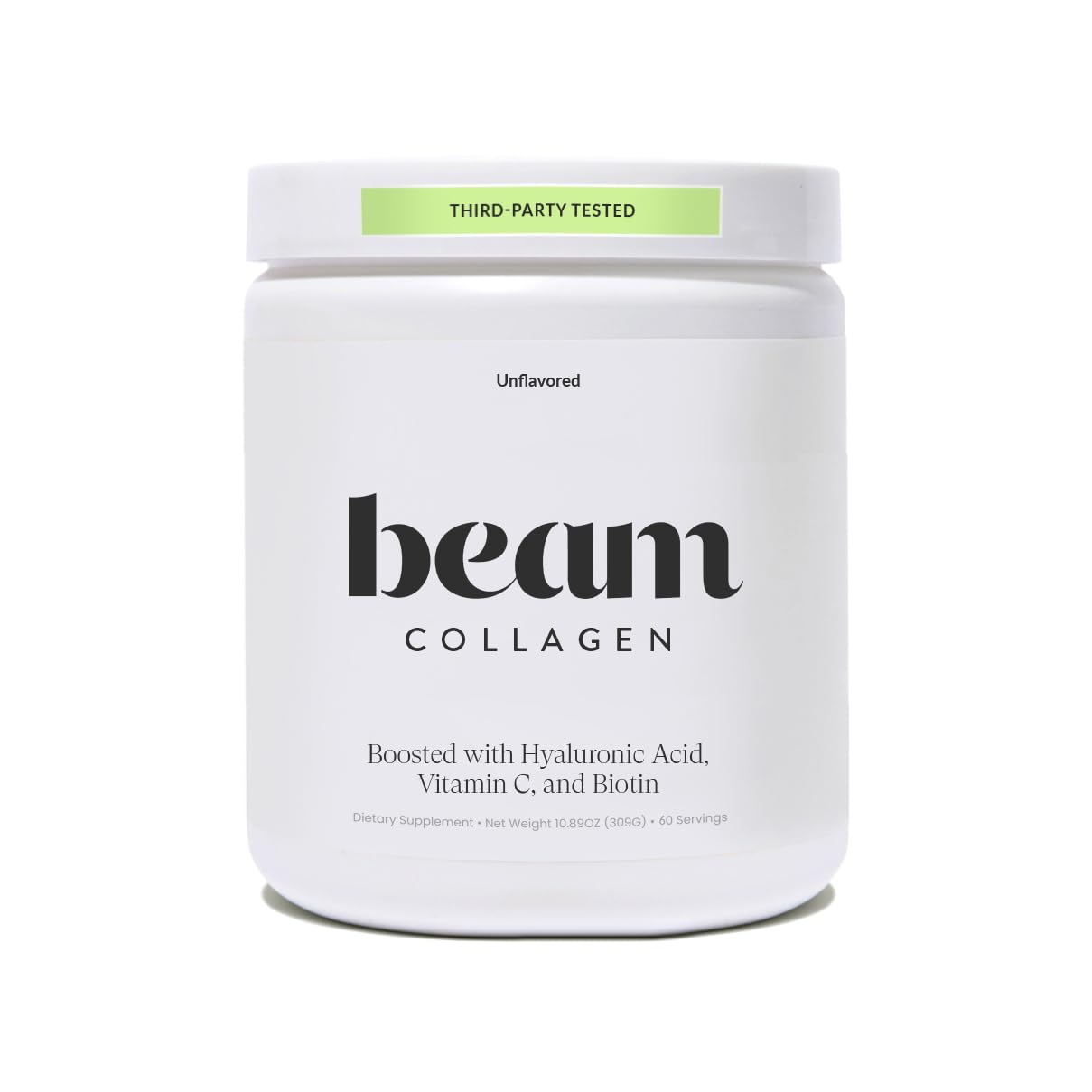 Beam Collagen Powder jar closeup showing smooth powder texture for daily beauty support