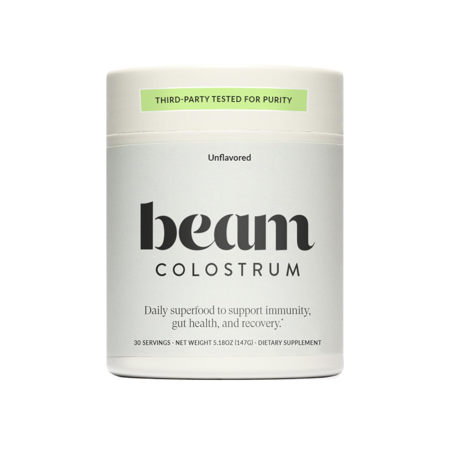 Beam Colostrum Powder jar pour: grass-fed formula supports gut health and daily wellness.