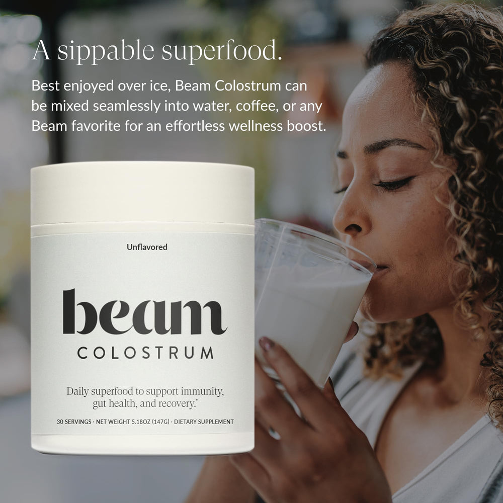 Beam Colostrum Powder pure ingredient shot: clean formula with no fillers.