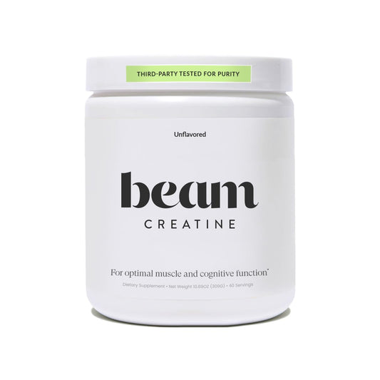 Beam Creatine Monohydrate Powder tub closeup for reliable strength support.