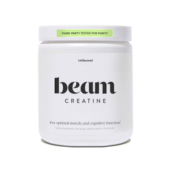 Beam Creatine Monohydrate Powder tub closeup for reliable strength support.