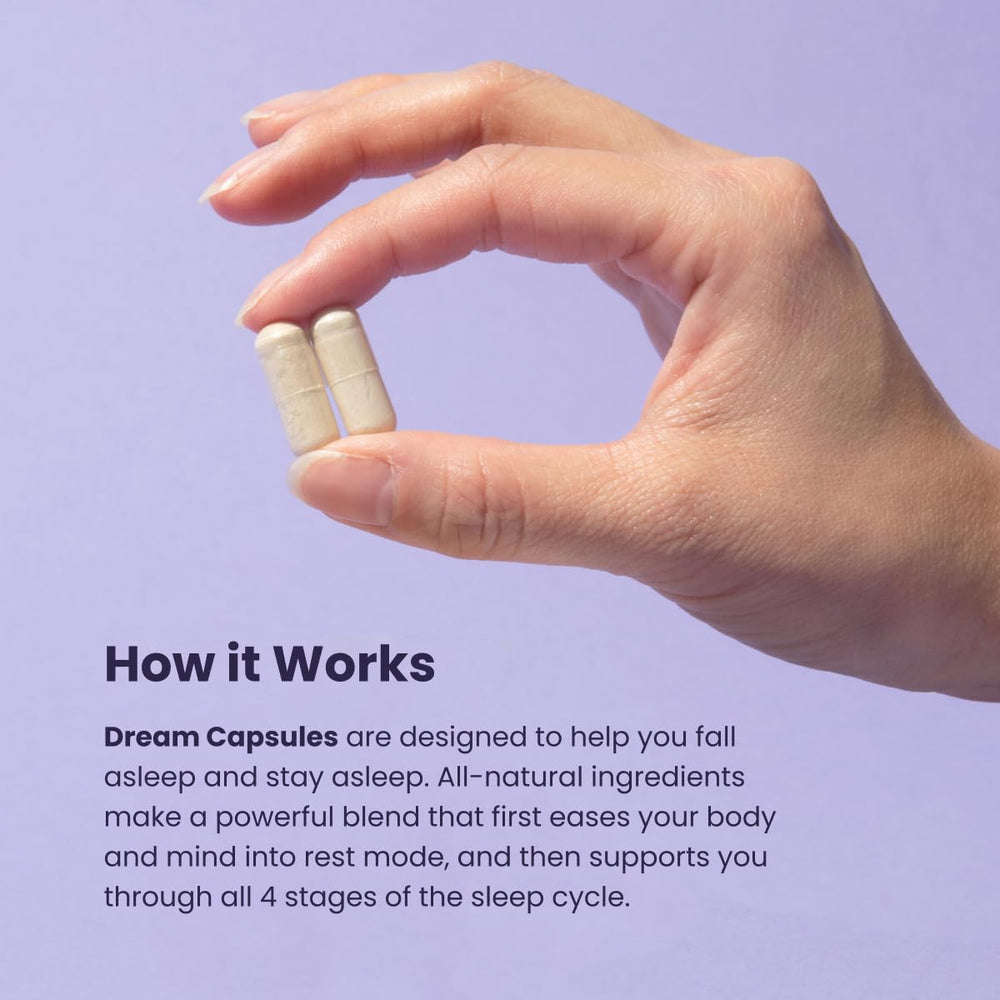 Beam Dream bottle label highlighting vegan, non-GMO, and dairy-free sleep support