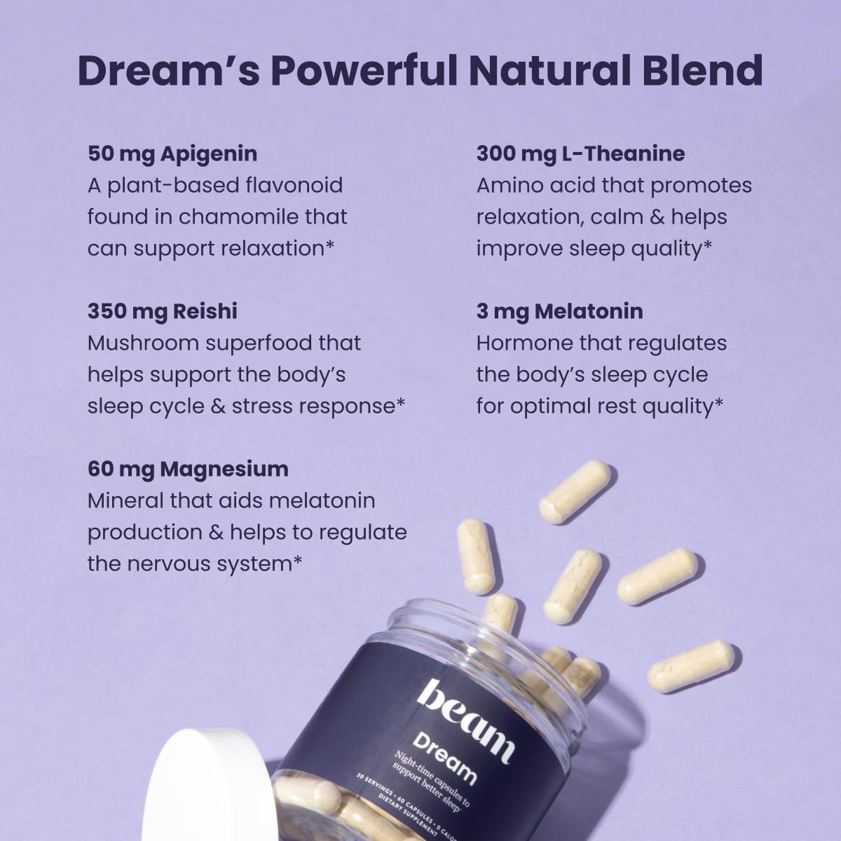 Beam Dream capsules poured into hand for an easy nightly ritual