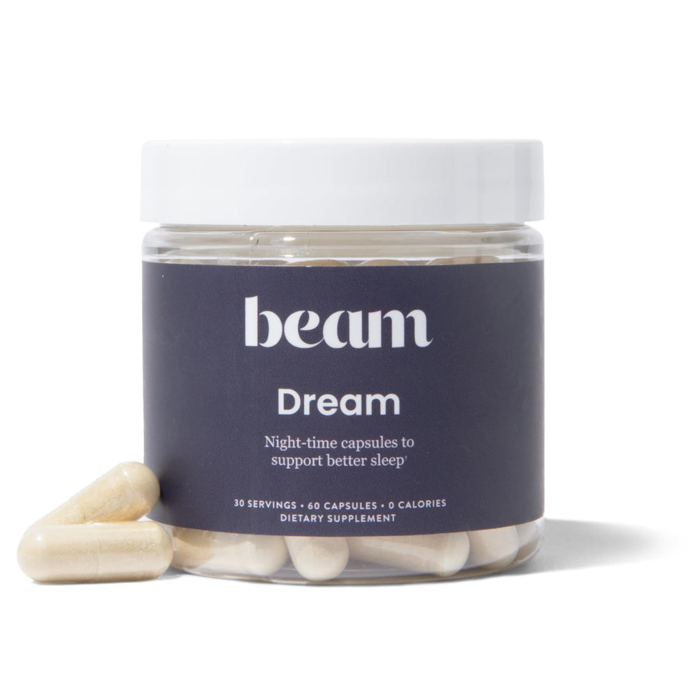 Beam Dream sleep capsules bottle showing a calm nightly routine for relaxation