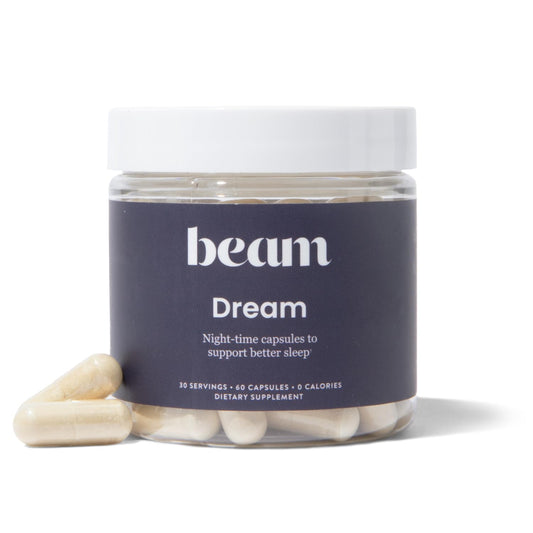 Beam Dream sleep capsules bottle showing a calm nightly routine for relaxation