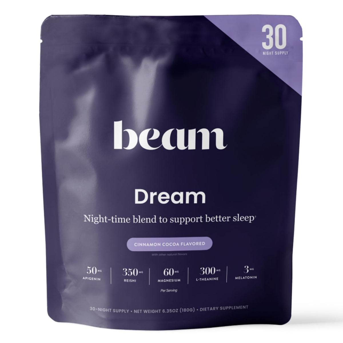 Beam Dream Sleep Powder Cinnamon Cocoa being poured into a mug for a calming night routine