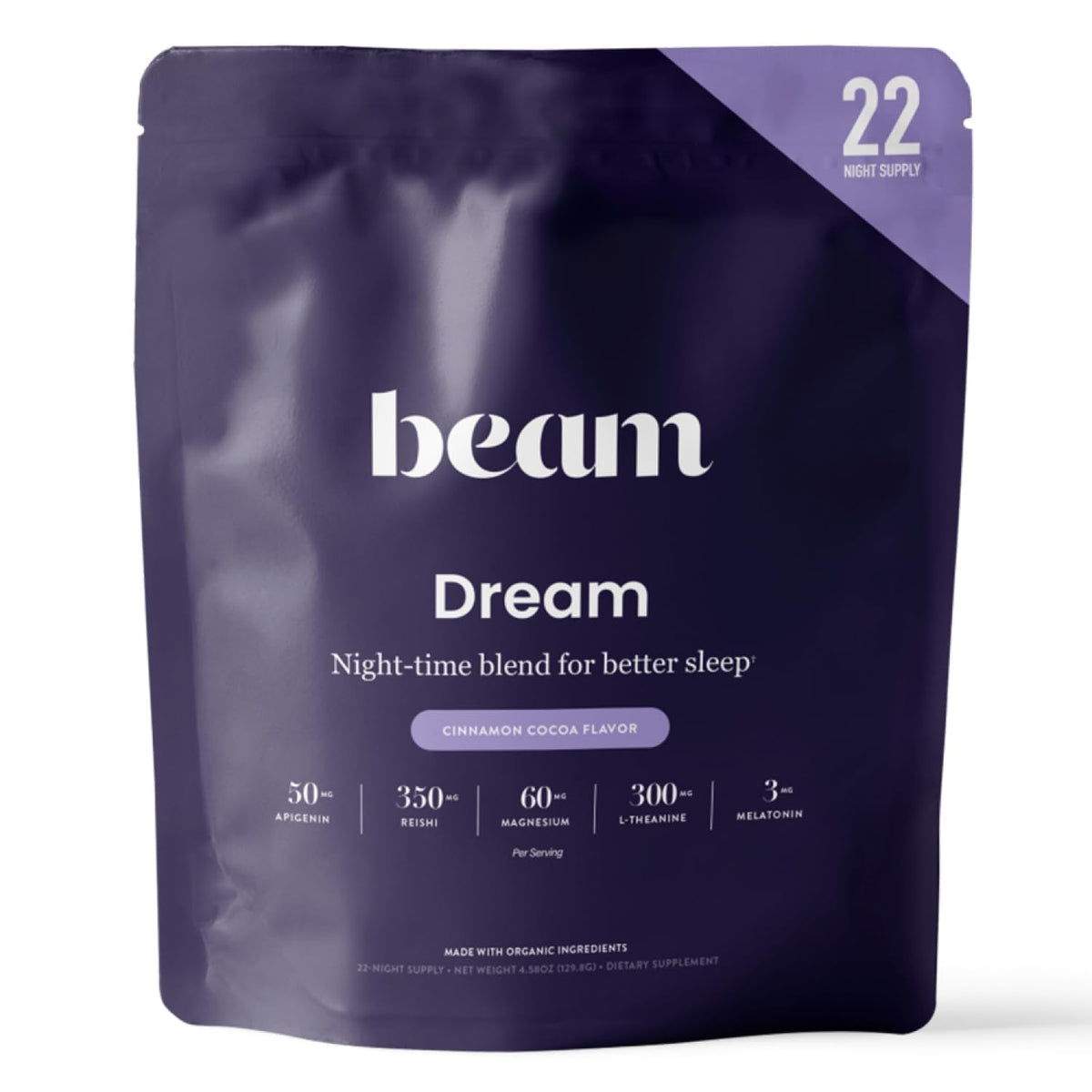 Beam Dream Sleep Powder Cinnamon Cocoa tub presented for a calming bedtime ritual