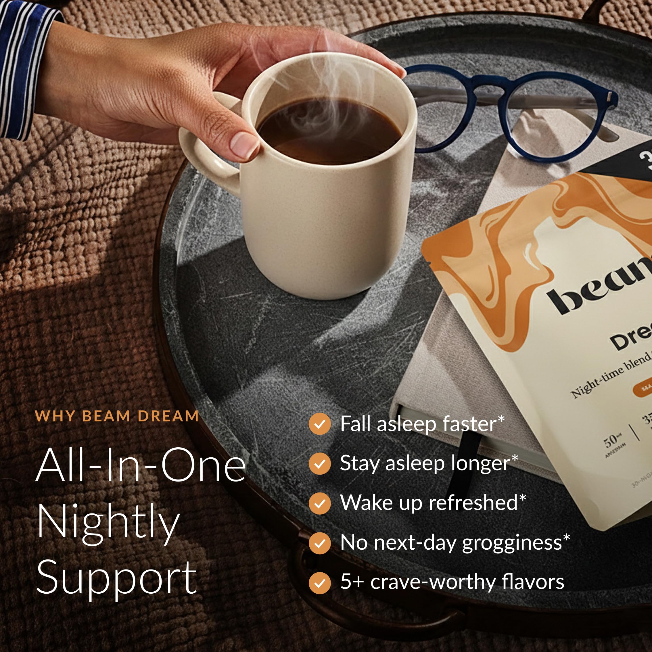 Beam Dream Sleep Powder label close-up highlighting vegan, non-GMO ingredients for sleep support.