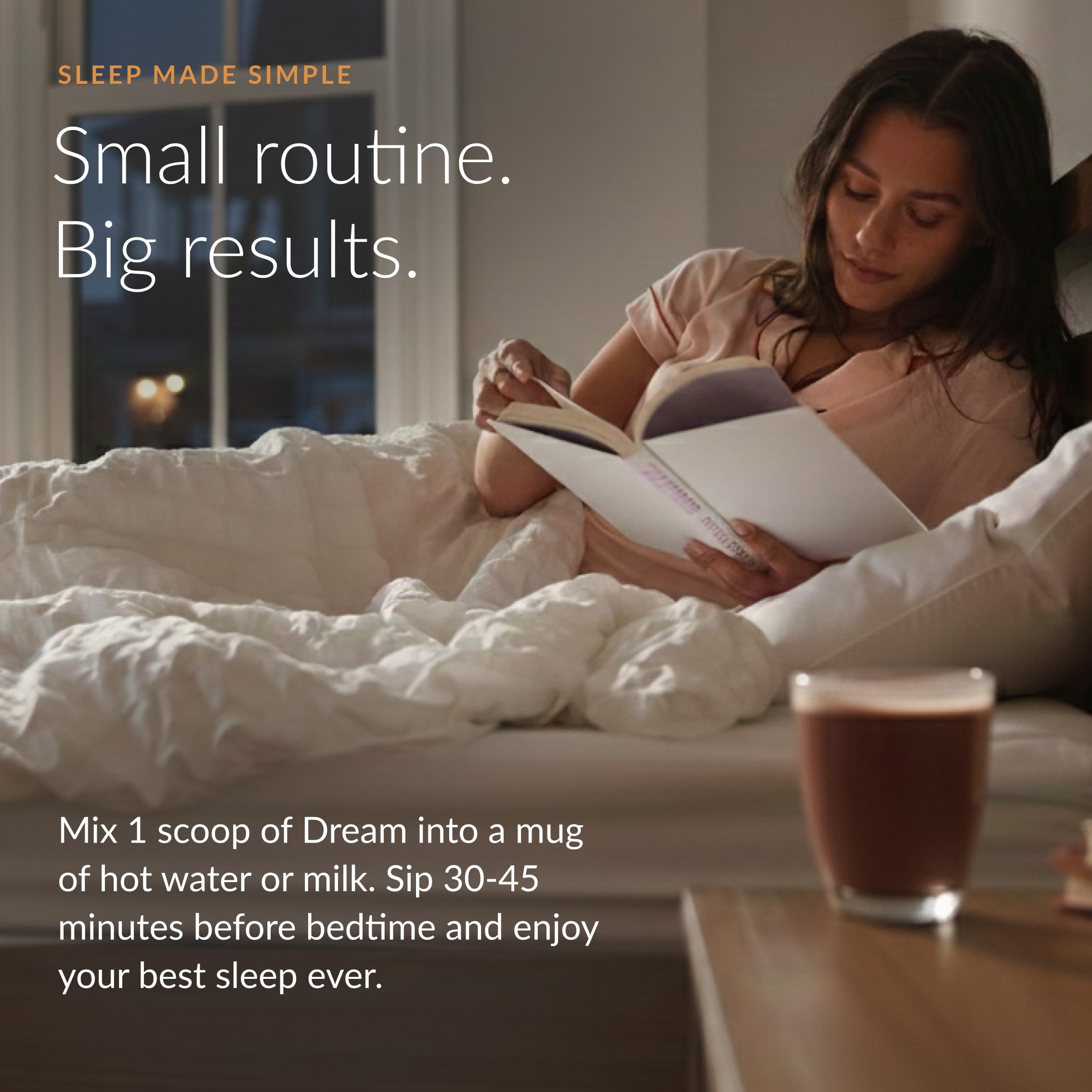 Beam Dream Sleep Powder mixed in a glass with warm tea for a relaxing ritual.