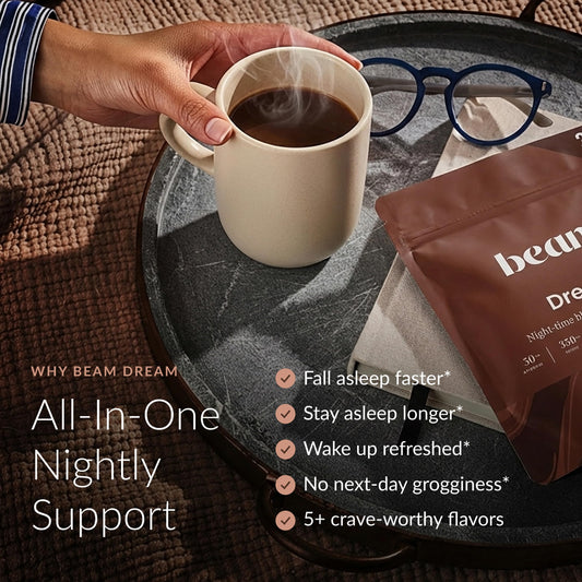 Beam Dream Sleep Powder being poured for a calm bedtime ritual.