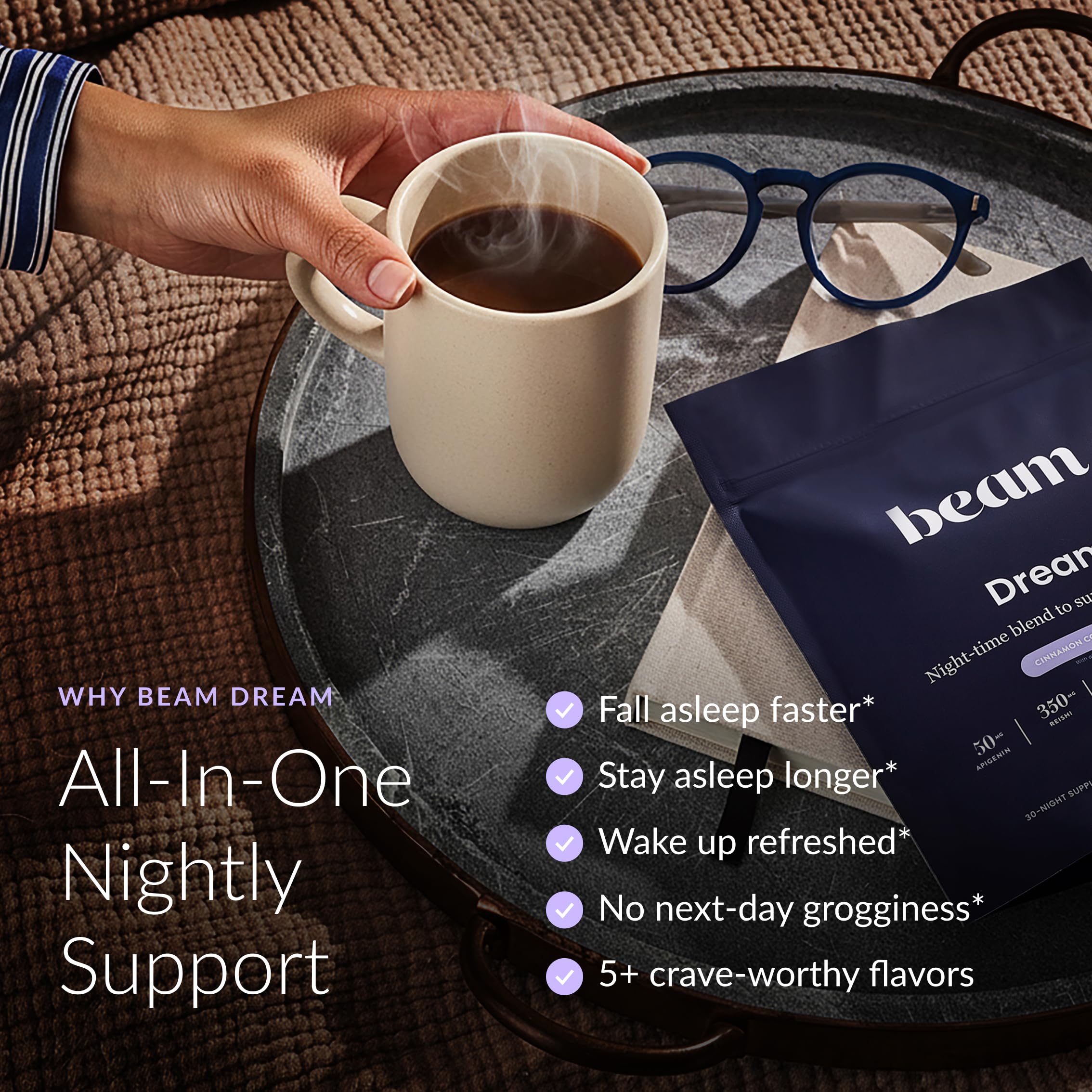 Scoop of Beam Dream Sleep Powder highlights convenient nightly serving.