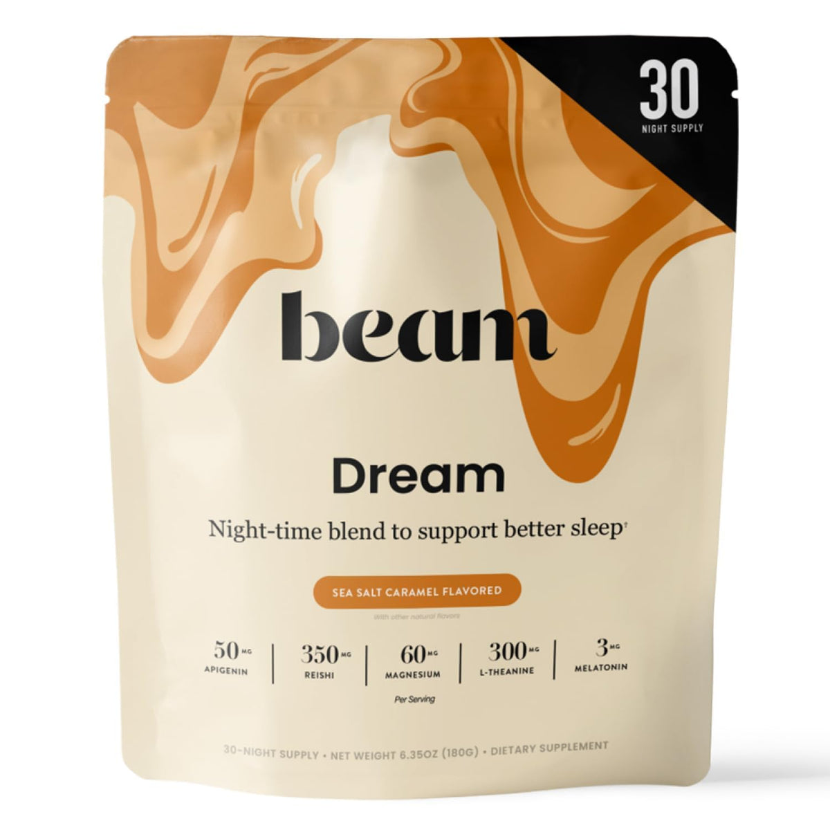 Beam Dream Sleep Powder tub front promoting a calm nightly routine.