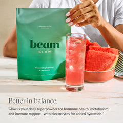 Beam Glow bottle closeup highlighting capsule texture for endocrine health support.