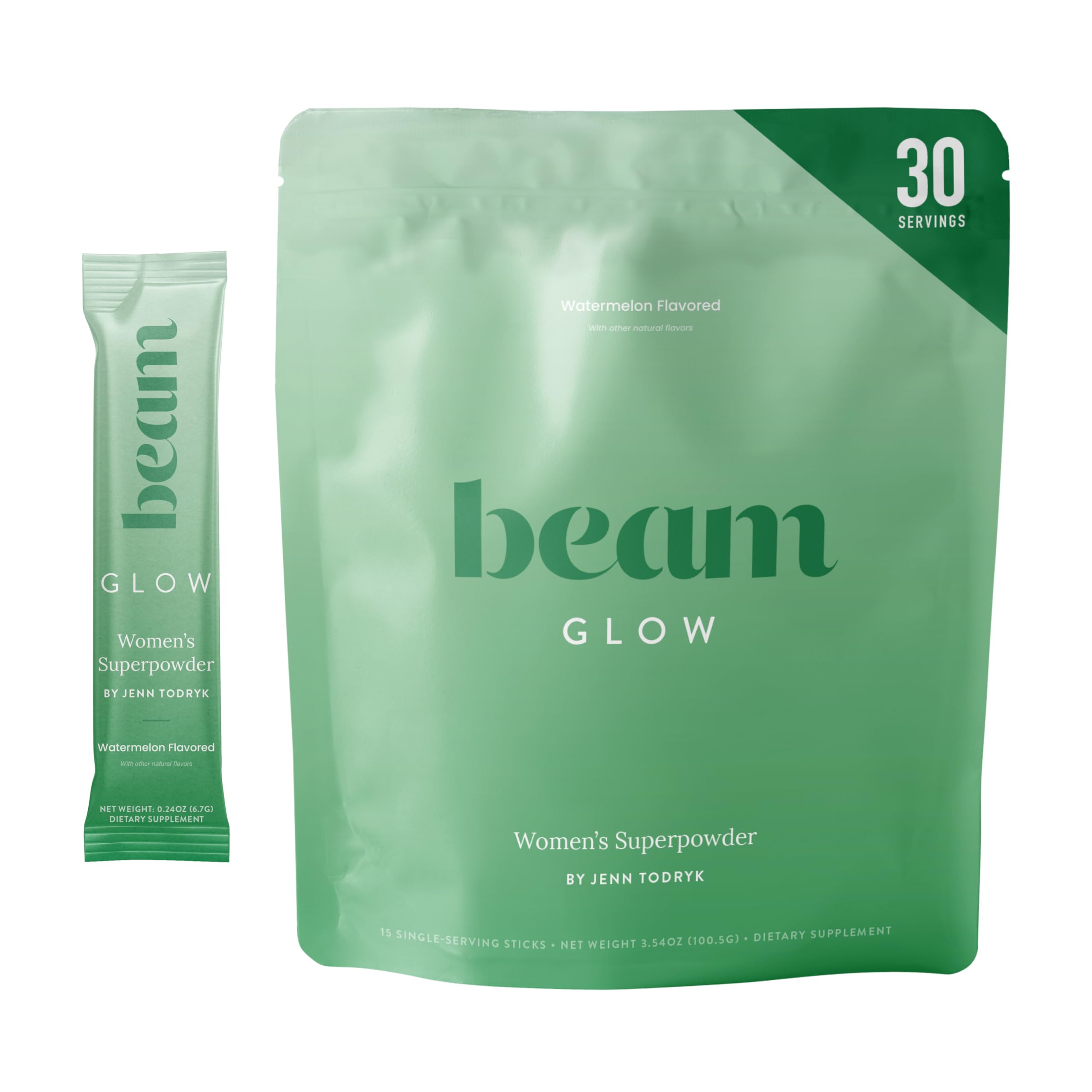 Beam Glow bottle front view showing daily hormone balance support for women.