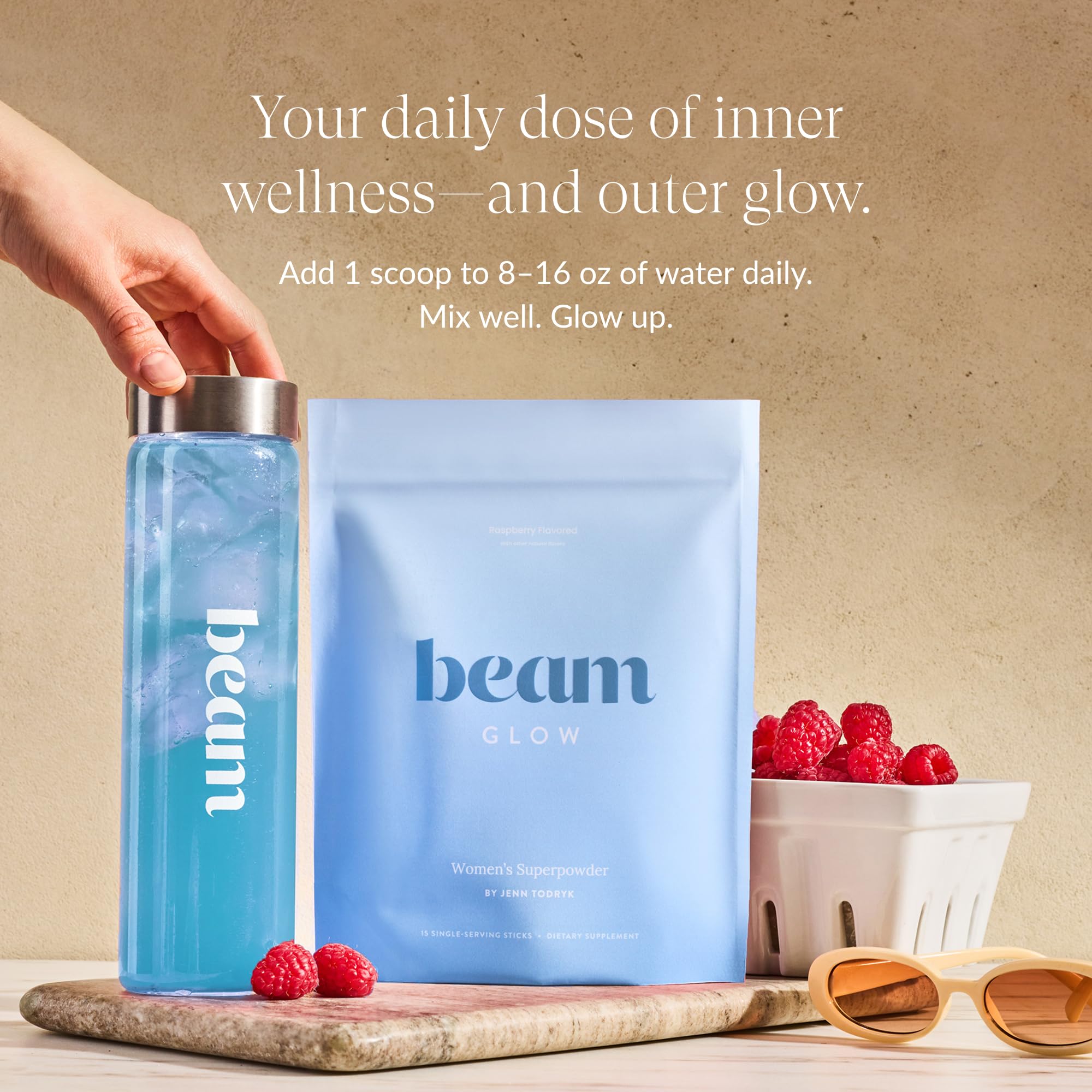 Beam Glow bottle on a bathroom counter signaling convenient endocrine support.