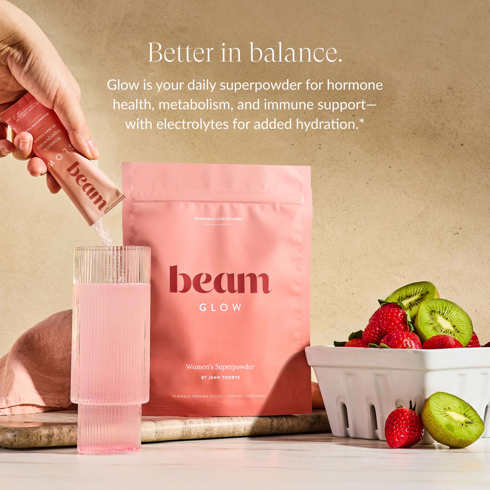 Beam Glow capsules closeup shows a simple daily wellness routine