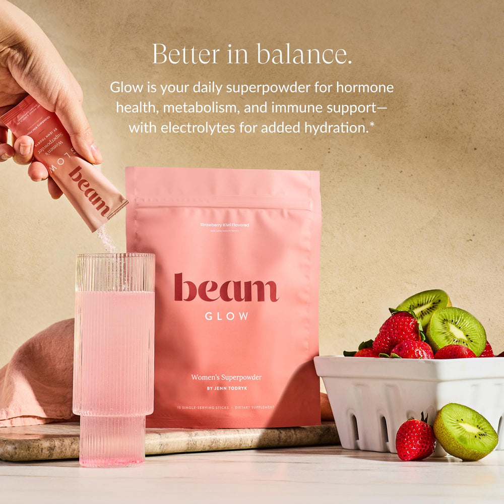 Beam Glow capsules closeup shows a simple daily wellness routine