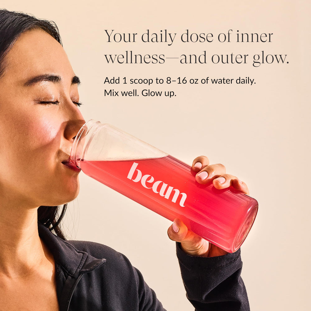 Beam Glow packaging highlighting perimenopause and PCOS support imagery