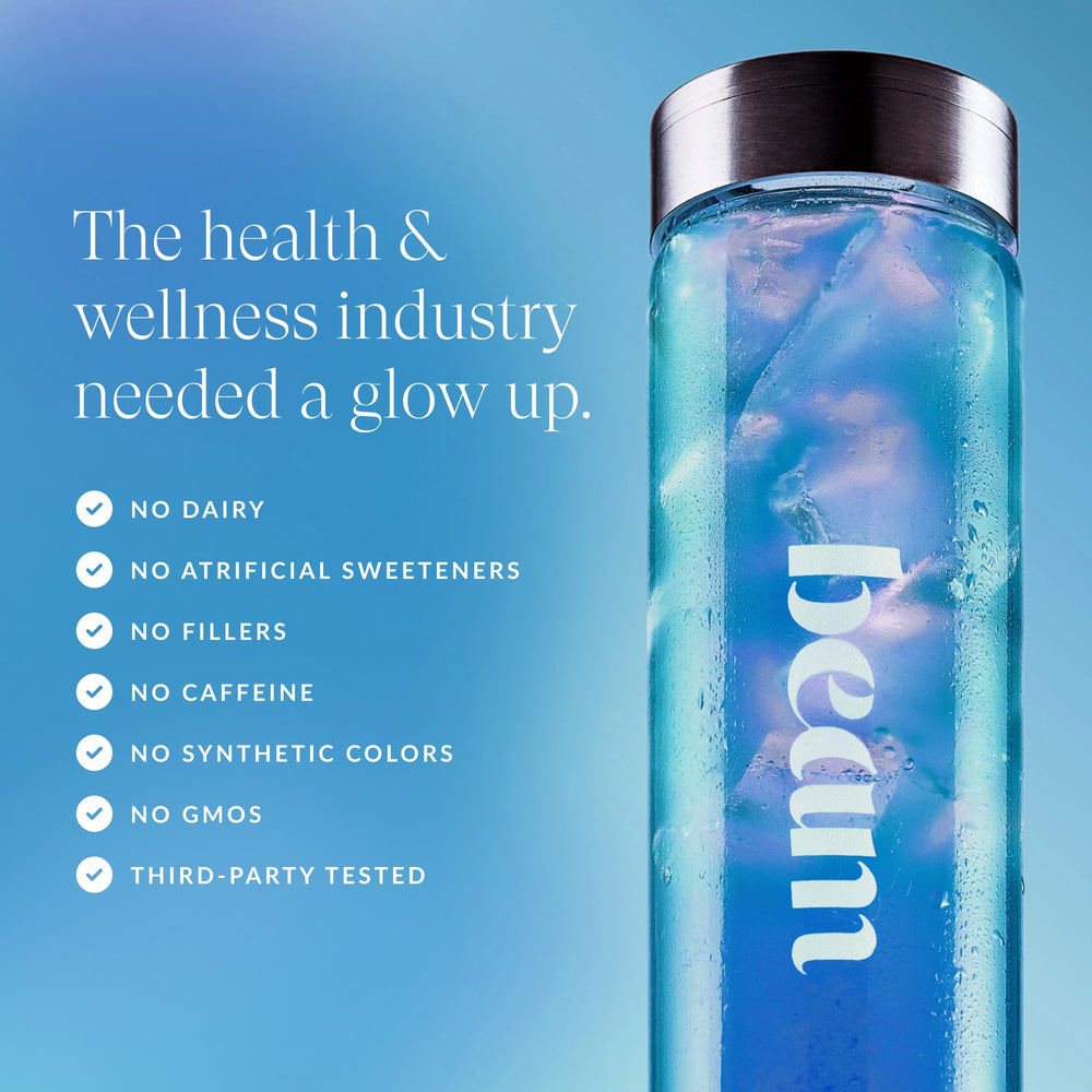 Beam Glow daily dose shown beside a glass of water for routine use