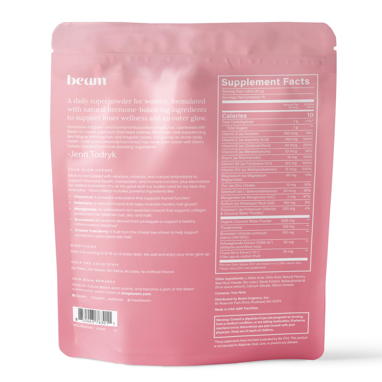 Beam Glow recycled packaging note indicates eco-friendly choice and care.
