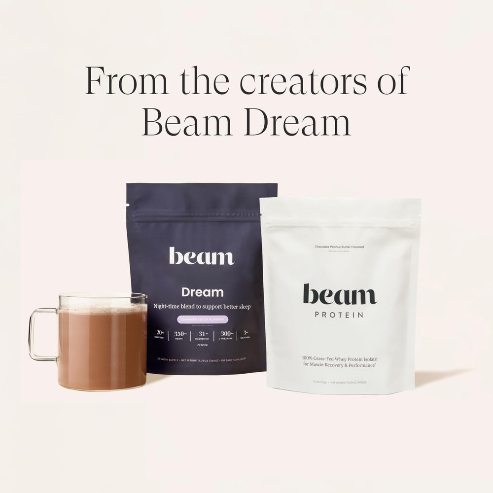 Beam Grass Fed Whey Chocolate Peanut Butter bottle with glass suggests versatile on-the-go protein