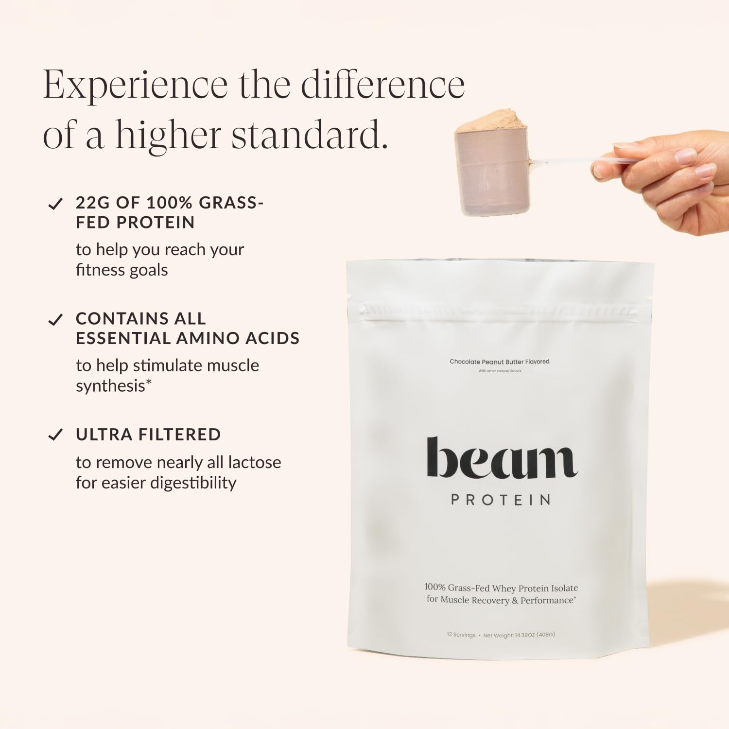 Beam Grass Fed Whey Chocolate Peanut Butter scoop showing 22g protein per serving