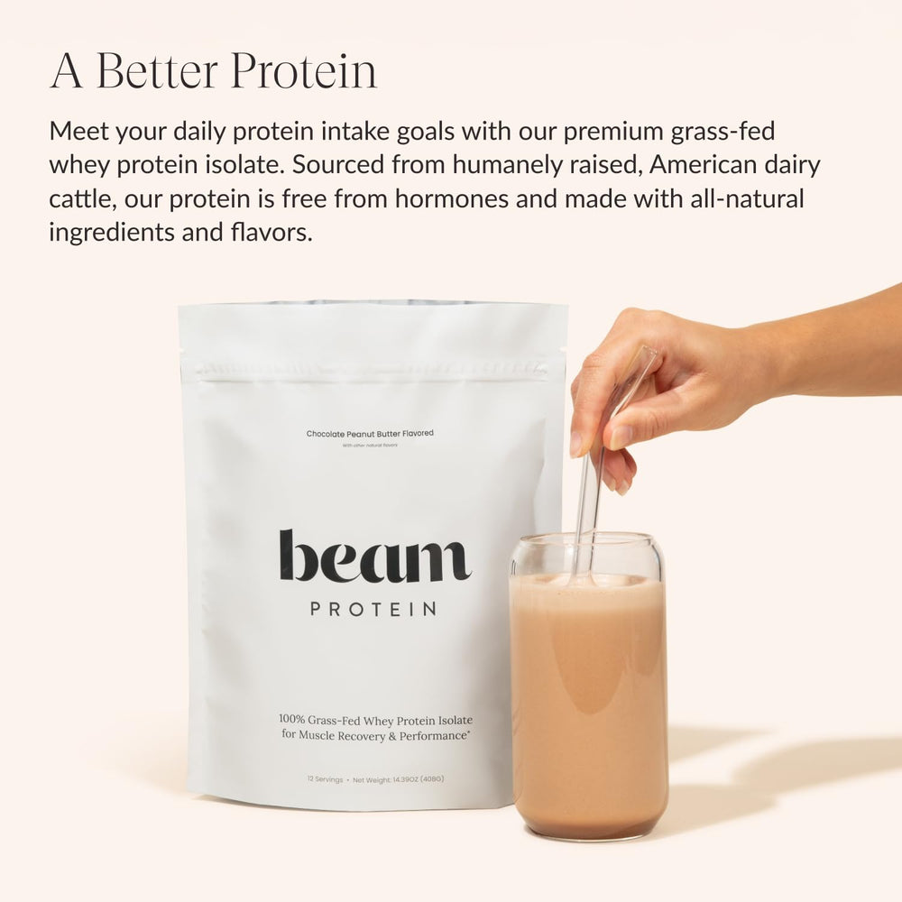 Beam Grass Fed Whey Chocolate Peanut Butter texture closeup reveals smooth mix