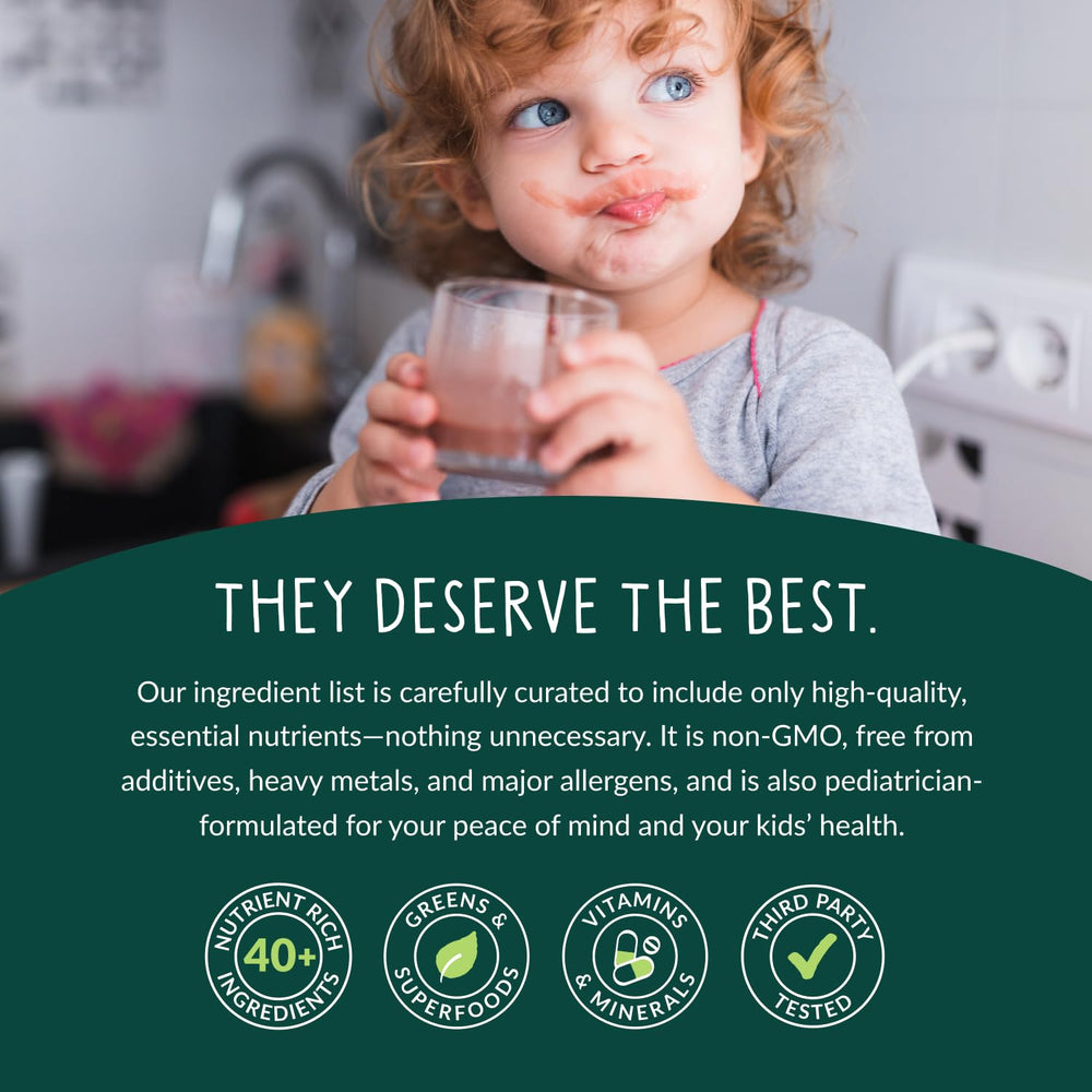 Beam Kids Multivitamin Powder pouring into a glass for easy serving.