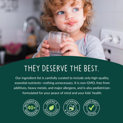 Beam Kids Multivitamin Powder pouring into a glass for easy serving.