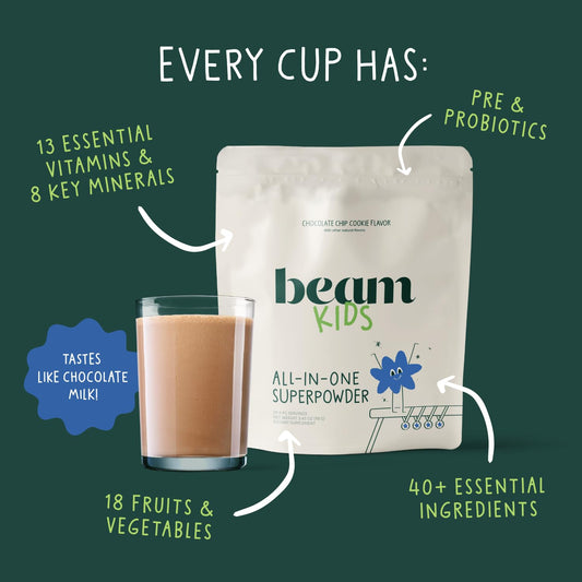 Beam Kids Multivitamin Powder scoop measures an easy daily dose for kids.