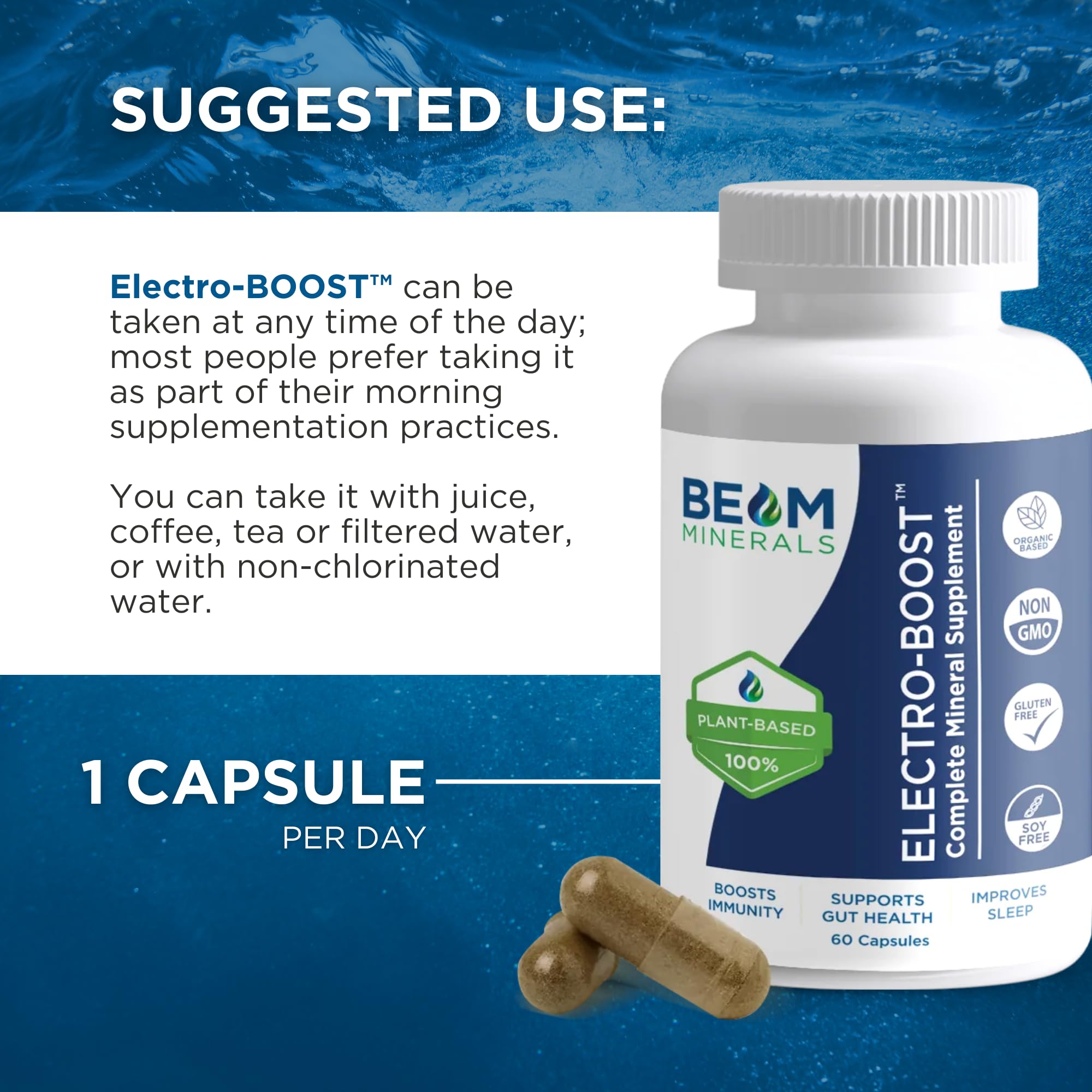 Beam Minerals bottle with water suggests convenient daily capsule use