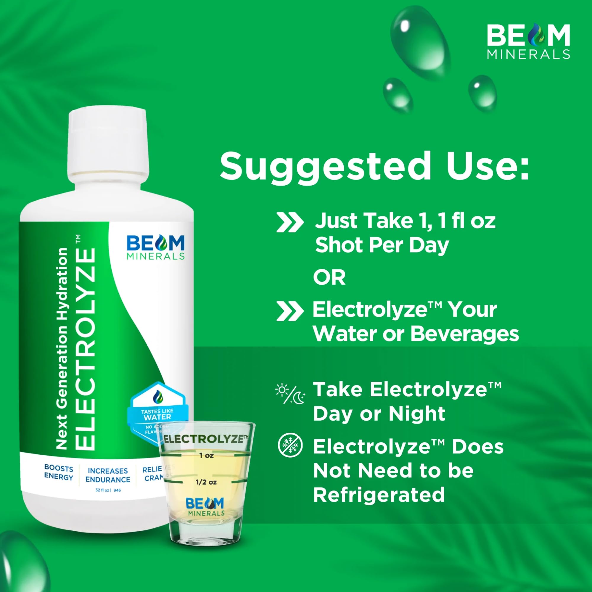 BEAM Minerals Electrolyze mixed in water boosts electrolyte intake.
