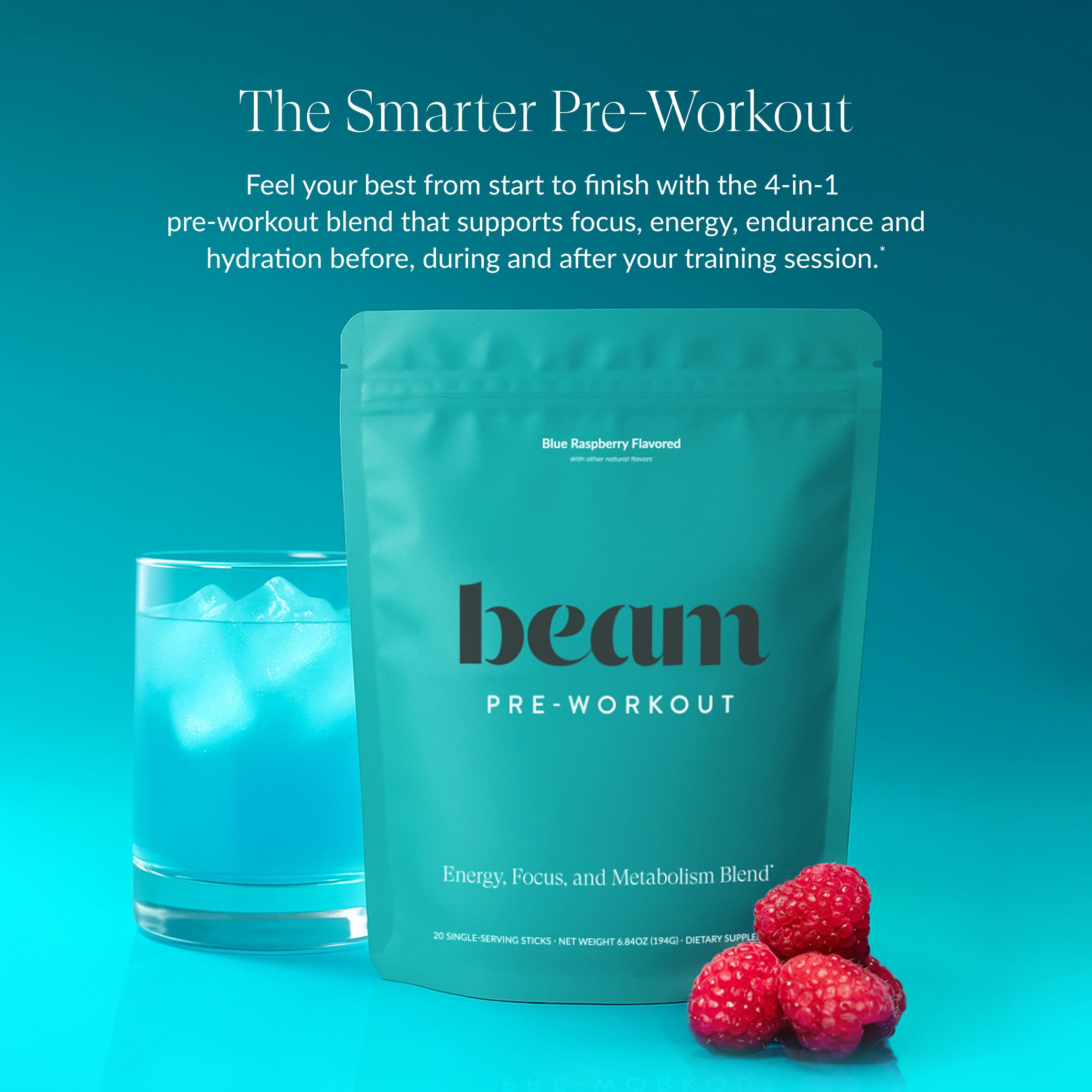 Beam Pre Workout blue raspberry powder poured into a shaker for hydration.